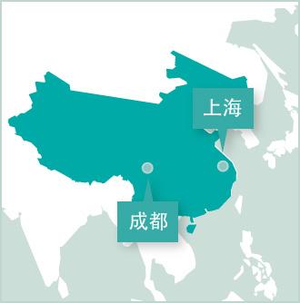 上海及成都志工項目據點 中國地圖顯示志工項目設立在上海和成都